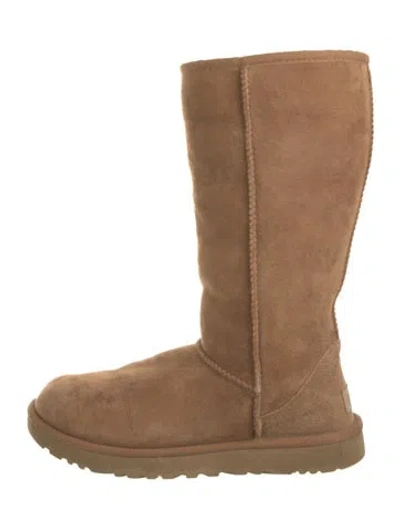 Pre-owned Ugg Suede Fur Trim Boots In Brown