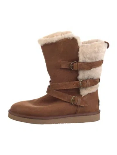 Pre-owned Ugg Suede Fur Trim Boots In Brown