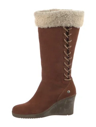 Pre-owned Ugg Suede Fur Trim Boots In Brown