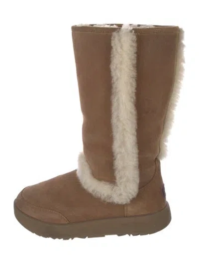 Pre-owned Ugg Suede Fur Trim Boots In Brown