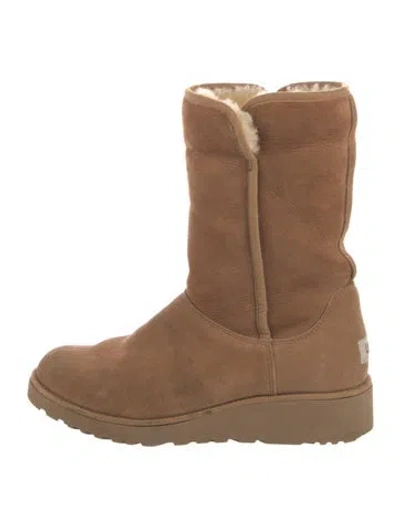 Pre-owned Ugg Suede Fur Trim Boots In Brown