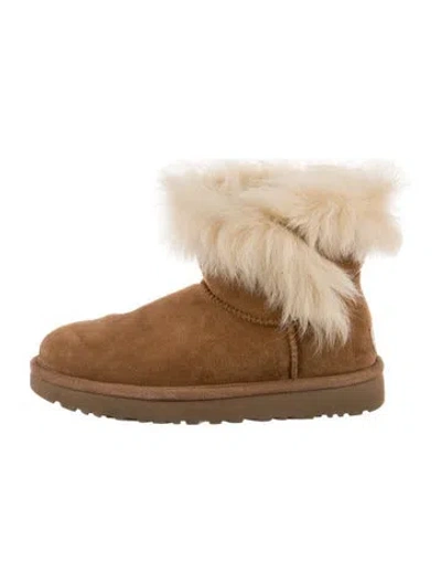 Pre-owned Ugg Suede Fur Trim Boots In Brown