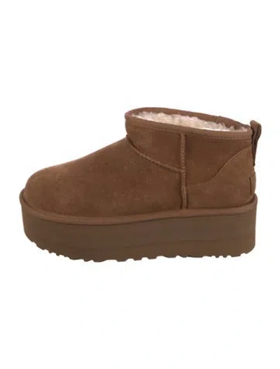 Pre-owned Ugg Suede Fur Trim Boots In Brown
