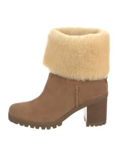 Pre-owned Ugg Suede Fur Trim Boots In Brown