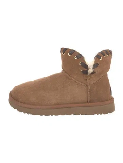 Pre-owned Ugg Suede Fur Trim Boots In Brown