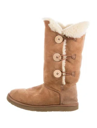 Pre-owned Ugg Suede Fur Trim Boots In Brown