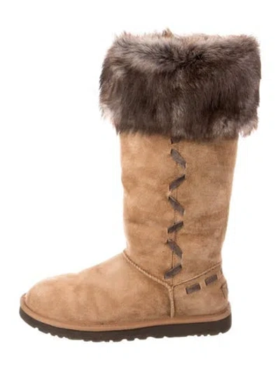 Pre-owned Ugg Suede Fur Trim Boots In Brown