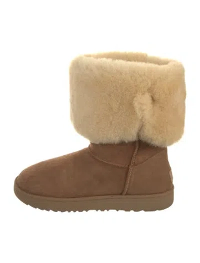 Pre-owned Ugg Suede Fur Trim Boots In Brown