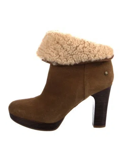 Pre-owned Ugg Suede Fur Trim Boots In Brown