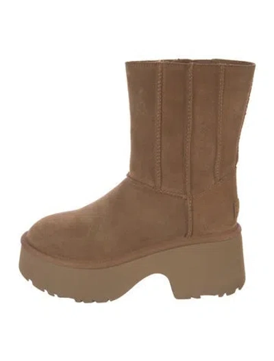 Pre-owned Ugg Suede Fur Trim Boots In Brown