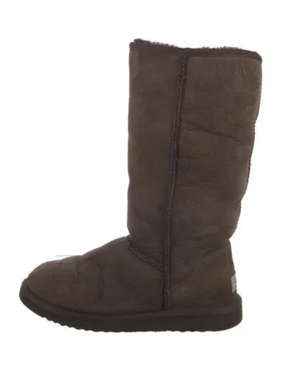 Pre-owned Ugg Suede Fur Trim Boots In Brown