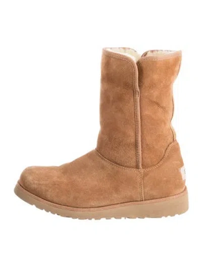Pre-owned Ugg Suede Fur Trim Boots In Brown