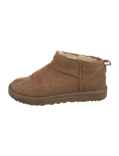 Pre-owned Ugg Suede Fur Trim Boots In Brown