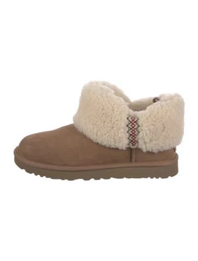 Pre-owned Ugg Suede Fur Trim Boots In Brown