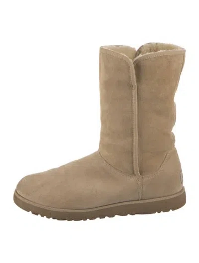 Pre-owned Ugg Suede Fur Trim Boots In Brown