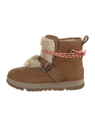 Pre-owned Ugg Suede Fur Trim Boots In Brown