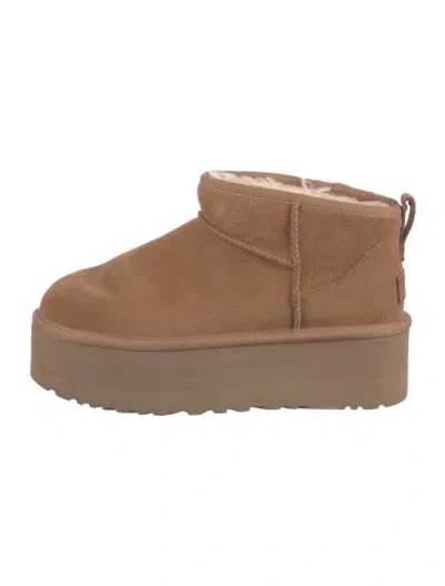 Pre-owned Ugg Suede Fur Trim Boots In Brown