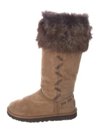 Pre-owned Ugg Suede Fur Trim Boots In Brown