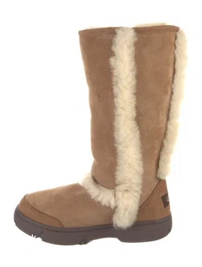 Pre-owned Ugg Suede Fur Trim Boots In Brown
