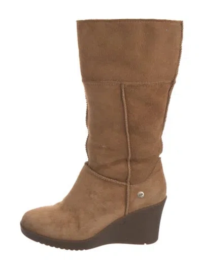 Pre-owned Ugg Suede Fur Trim Boots In Brown