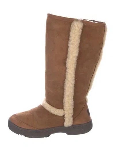Pre-owned Ugg Suede Fur Trim Boots In Brown