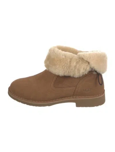 Pre-owned Ugg Suede Fur Trim Boots In Brown