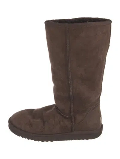 Pre-owned Ugg Suede Fur Trim Boots In Brown