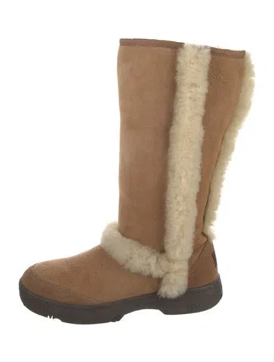 Pre-owned Ugg Suede Fur Trim Boots In Brown