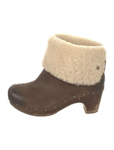 Pre-owned Ugg Suede Fur Trim Boots In Brown