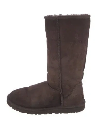 Pre-owned Ugg Suede Fur Trim Boots In Brown