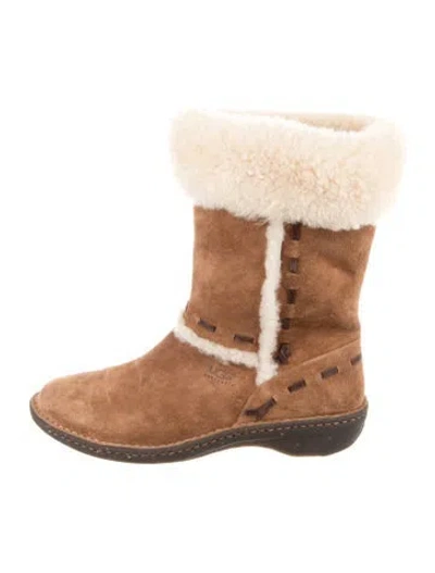 Pre-owned Ugg Suede Fur Trim Boots In Brown