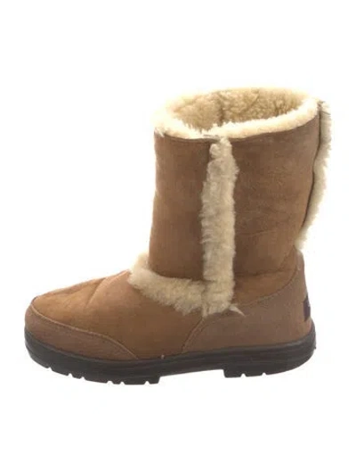 Pre-owned Ugg Suede Fur Trim Boots In Brown