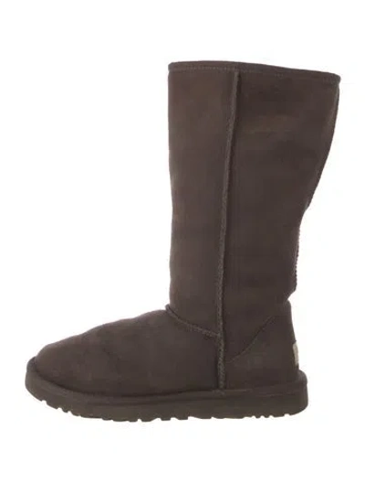 Pre-owned Ugg Suede Fur Trim Boots In Brown