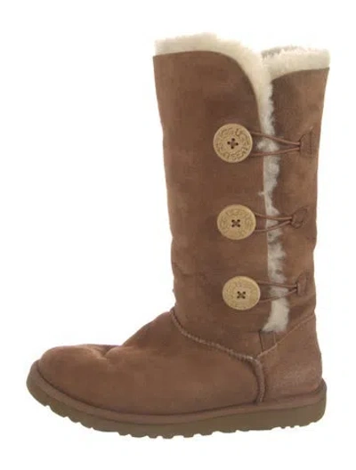 Pre-owned Ugg Suede Fur Trim Boots In Brown