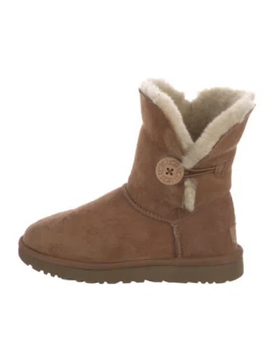 Pre-owned Ugg Suede Fur Trim Boots In Brown