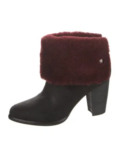 Pre-owned Ugg Suede Fur Trim Boots In Burgundy