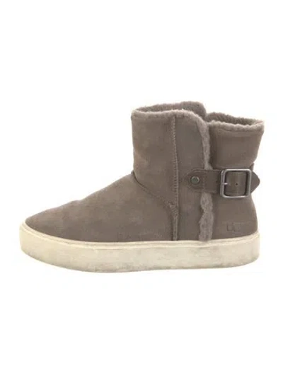Pre-owned Ugg Suede Fur Trim Boots In Gray