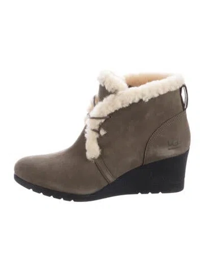 Pre-owned Ugg Suede Fur Trim Boots In Grey
