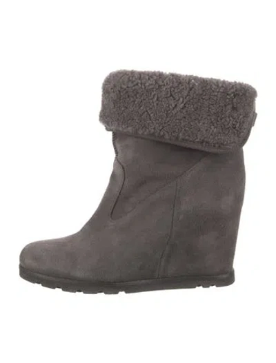 Pre-owned Ugg Suede Fur Trim Boots In Grey