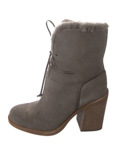 Pre-owned Ugg Suede Fur Trim Boots In Grey