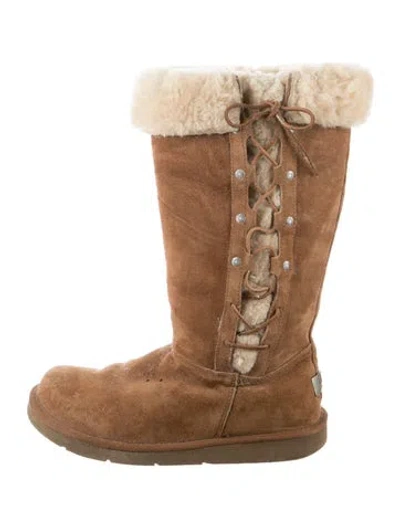 Pre-owned Ugg Suede Fur Trim Boots In Neutral