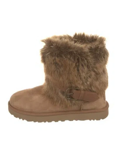 Pre-owned Ugg Suede Fur Trim Boots In Neutral
