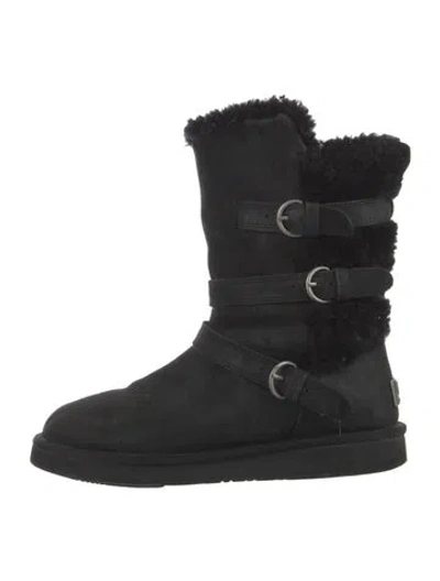 Pre-owned Ugg Suede Fur Trim Combat Boots In Black