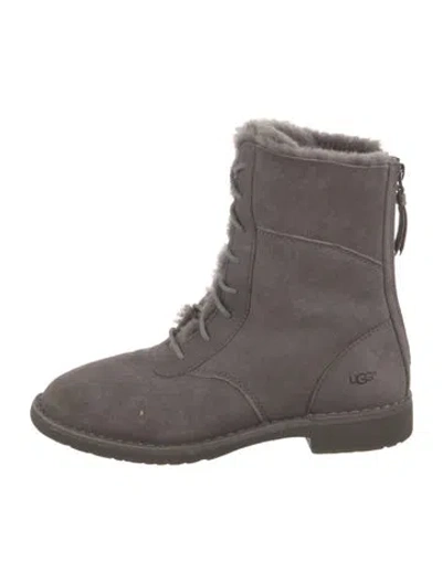 Pre-owned Ugg Suede Fur Trim Combat Boots In Gray