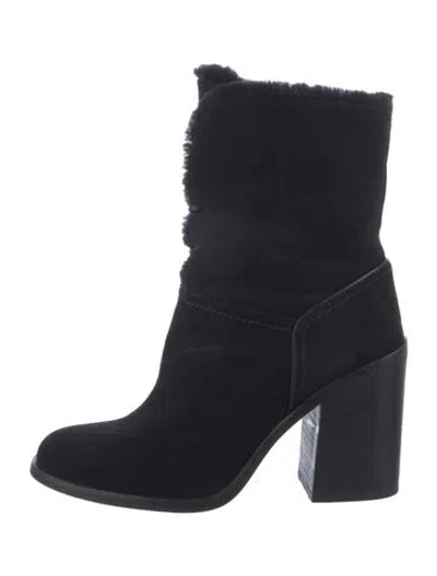 Pre-owned Ugg Suede Fur Trim Lace-up Boots In Black