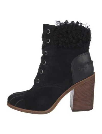 Pre-owned Ugg Suede Fur Trim Lace-up Boots In Black