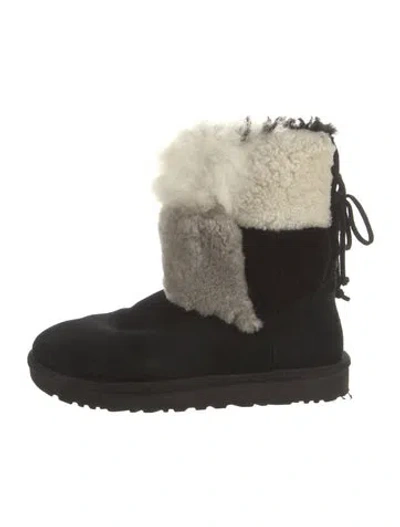 Pre-owned Ugg Suede Fur Trim Lace-up Boots In Black