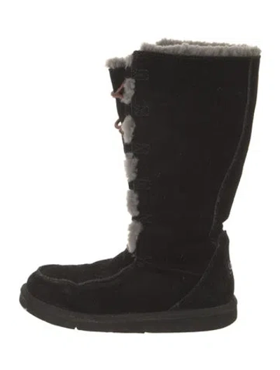 Pre-owned Ugg Suede Fur Trim Lace-up Boots In Black
