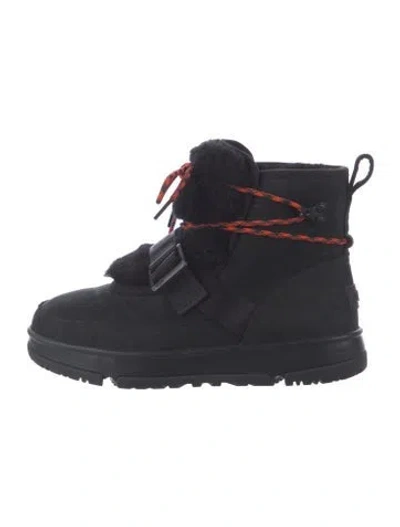 Pre-owned Ugg Suede Fur Trim Lace-up Boots In Black