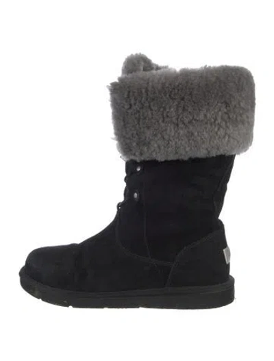 Pre-owned Ugg Suede Fur Trim Lace-up Boots In Black
